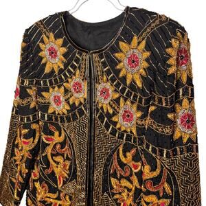 1980s Vintage Hand Beaded Sequin Evening Jacket Black Gold Pink Open Front M